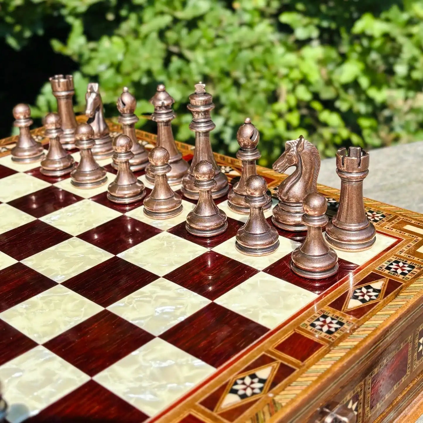Handmade Luxury Chess Set – Personalized Wooden Board with Storage – Metal Chess Pieces – Unique Gift for Him