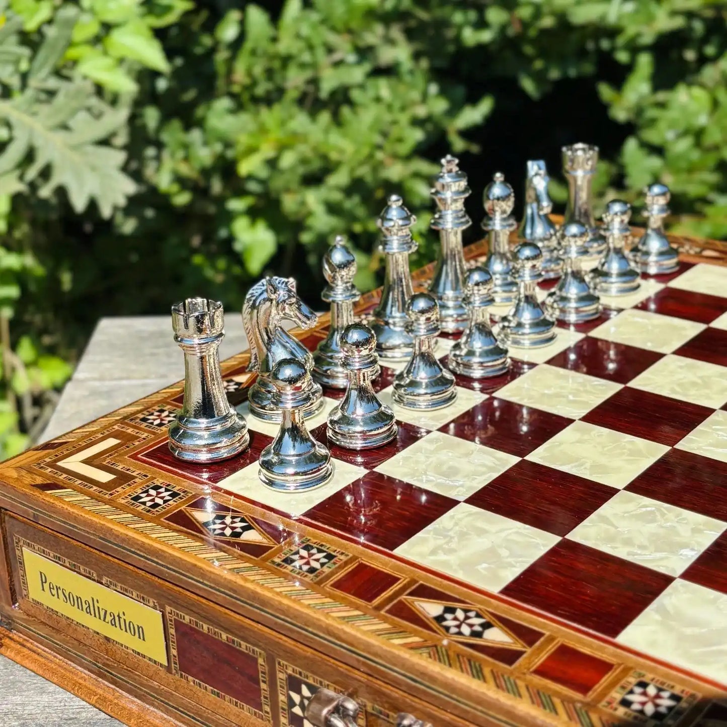 Handmade Luxury Chess Set – Personalized Wooden Board with Storage – Metal Chess Pieces – Unique Gift for Him