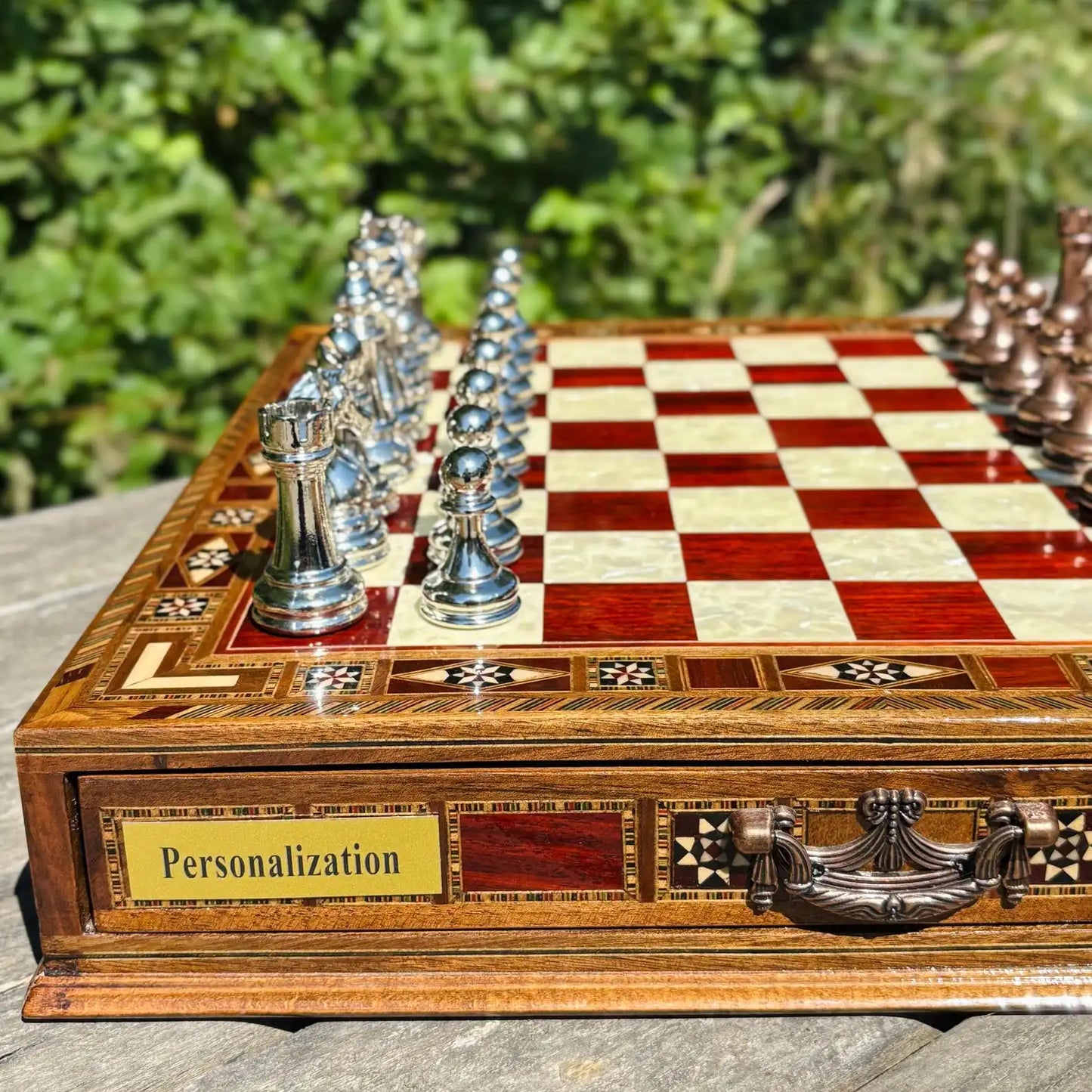 Handmade Luxury Chess Set – Personalized Wooden Board with Storage – Metal Chess Pieces – Unique Gift for Him