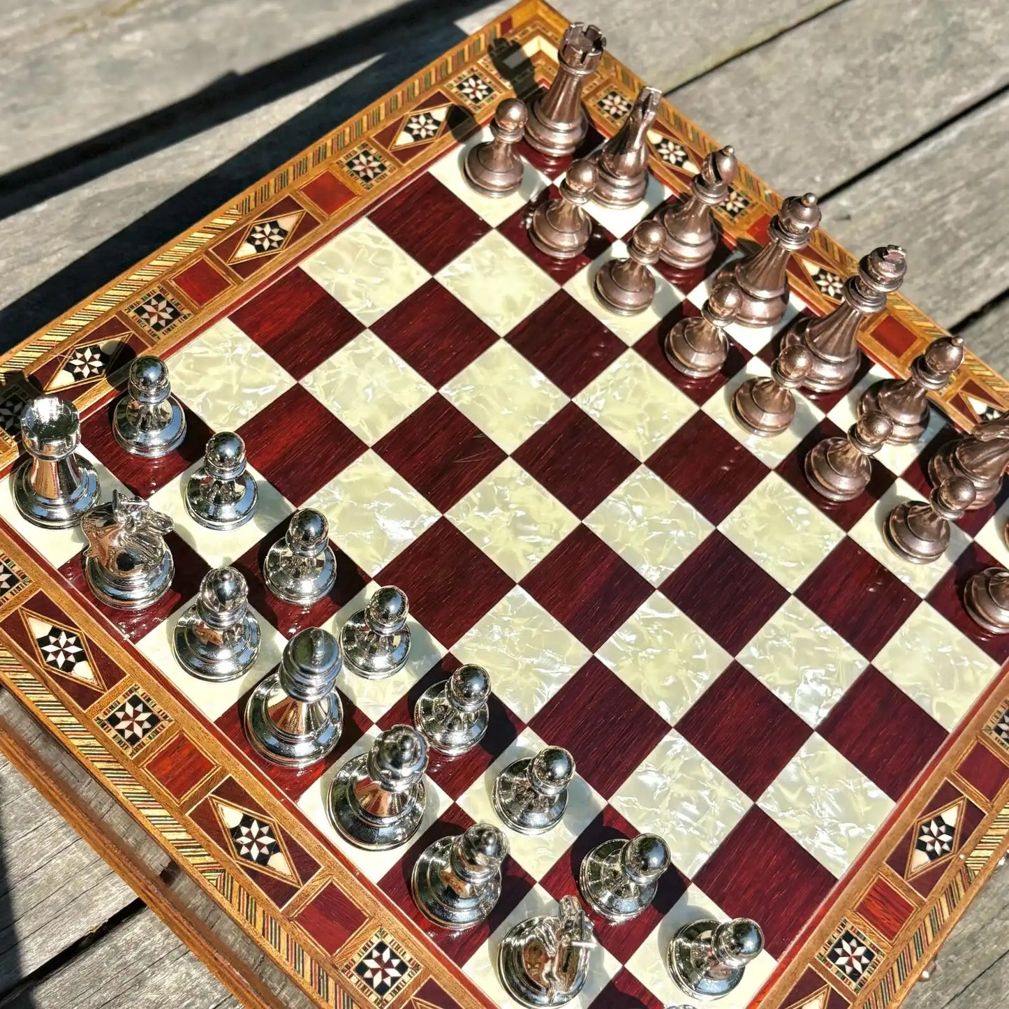 Handmade Luxury Chess Set – Personalized Wooden Board with Storage – Metal Chess Pieces – Unique Gift for Him