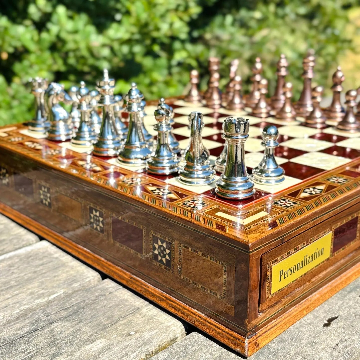 Handmade Luxury Chess Set – Personalized Wooden Board with Storage – Metal Chess Pieces – Unique Gift for Him