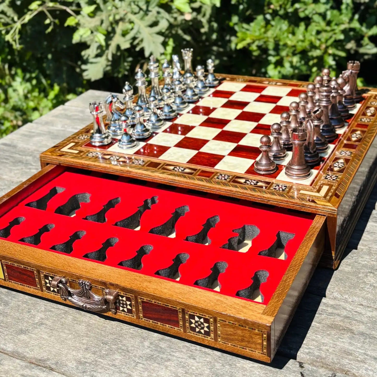 Handmade Luxury Chess Set – Personalized Wooden Board with Storage – Metal Chess Pieces – Unique Gift for Him