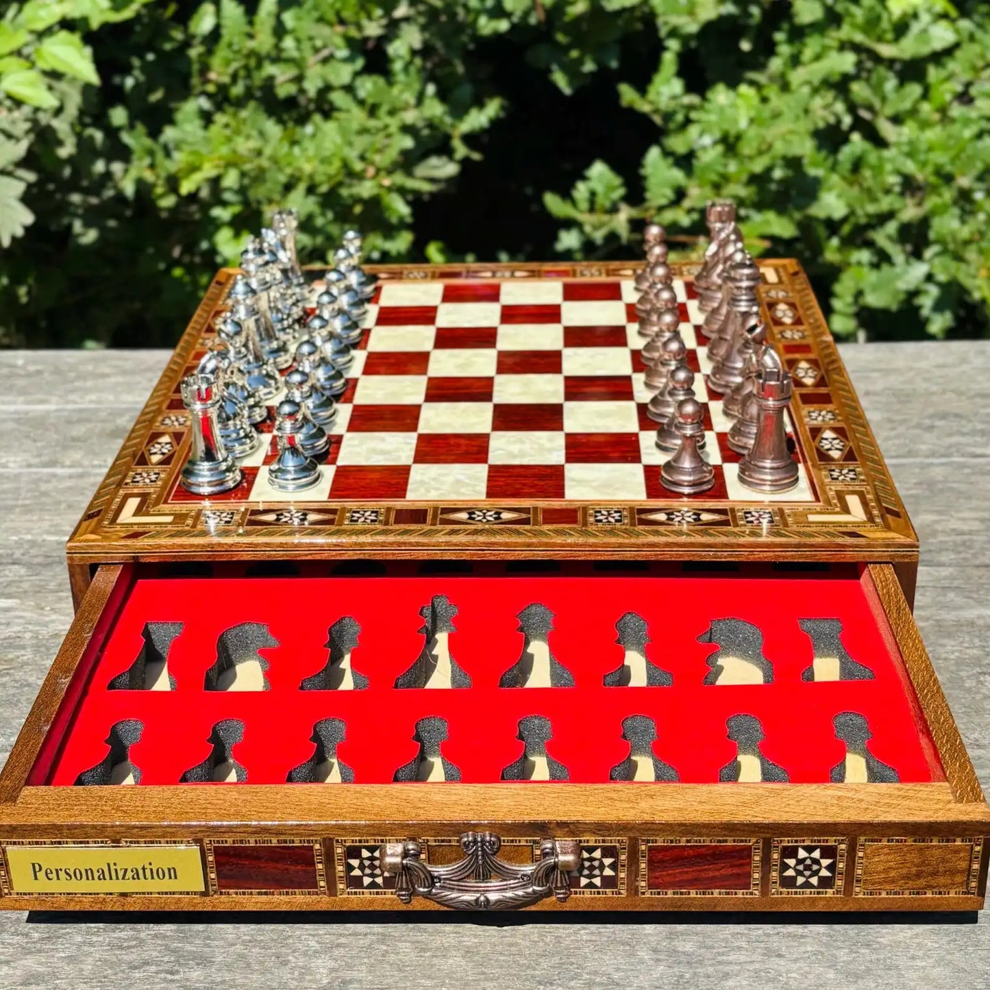 Handmade Luxury Chess Set – Personalized Wooden Board with Storage – Metal Chess Pieces – Unique Gift for Him
