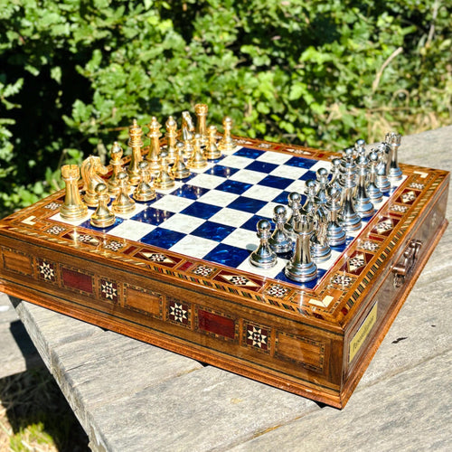 Custom Wooden Chess Set with Metal Pieces – Personalized Handmade Board with Storage – Gift for Him, Dad, Anniversary, Birthday
