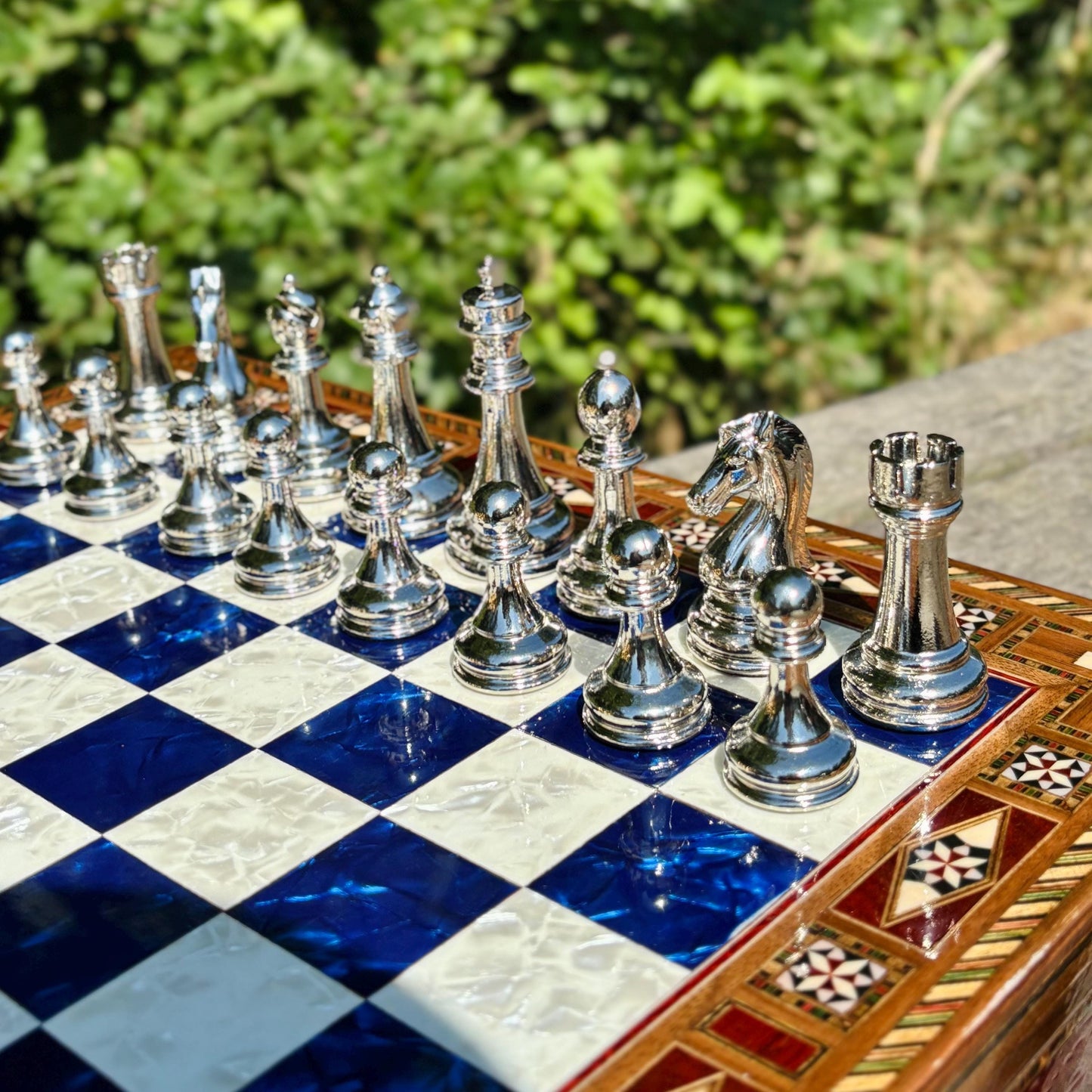 Custom Wooden Chess Set with Metal Pieces – Personalized Handmade Board with Storage – Gift for Him, Dad, Anniversary, Birthday