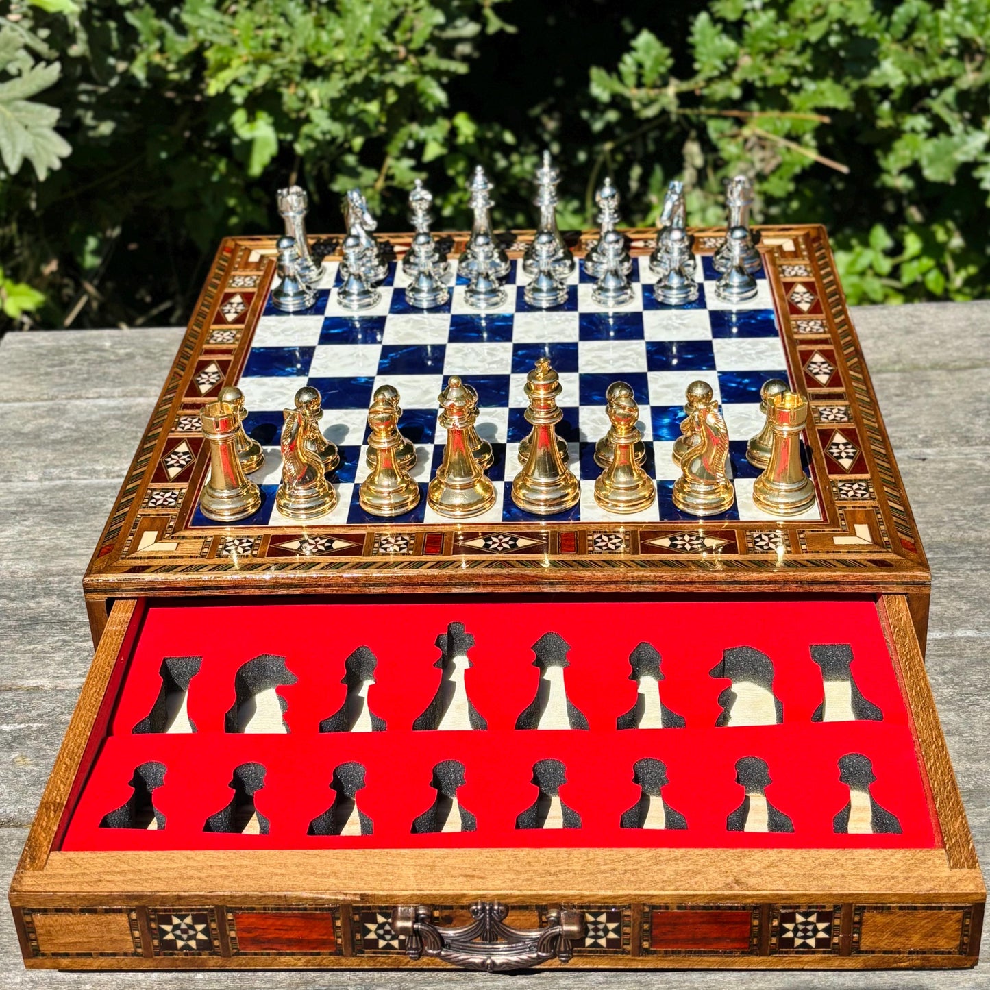 Custom Wooden Chess Set with Metal Pieces – Personalized Handmade Board with Storage – Gift for Him, Dad, Anniversary, Birthday