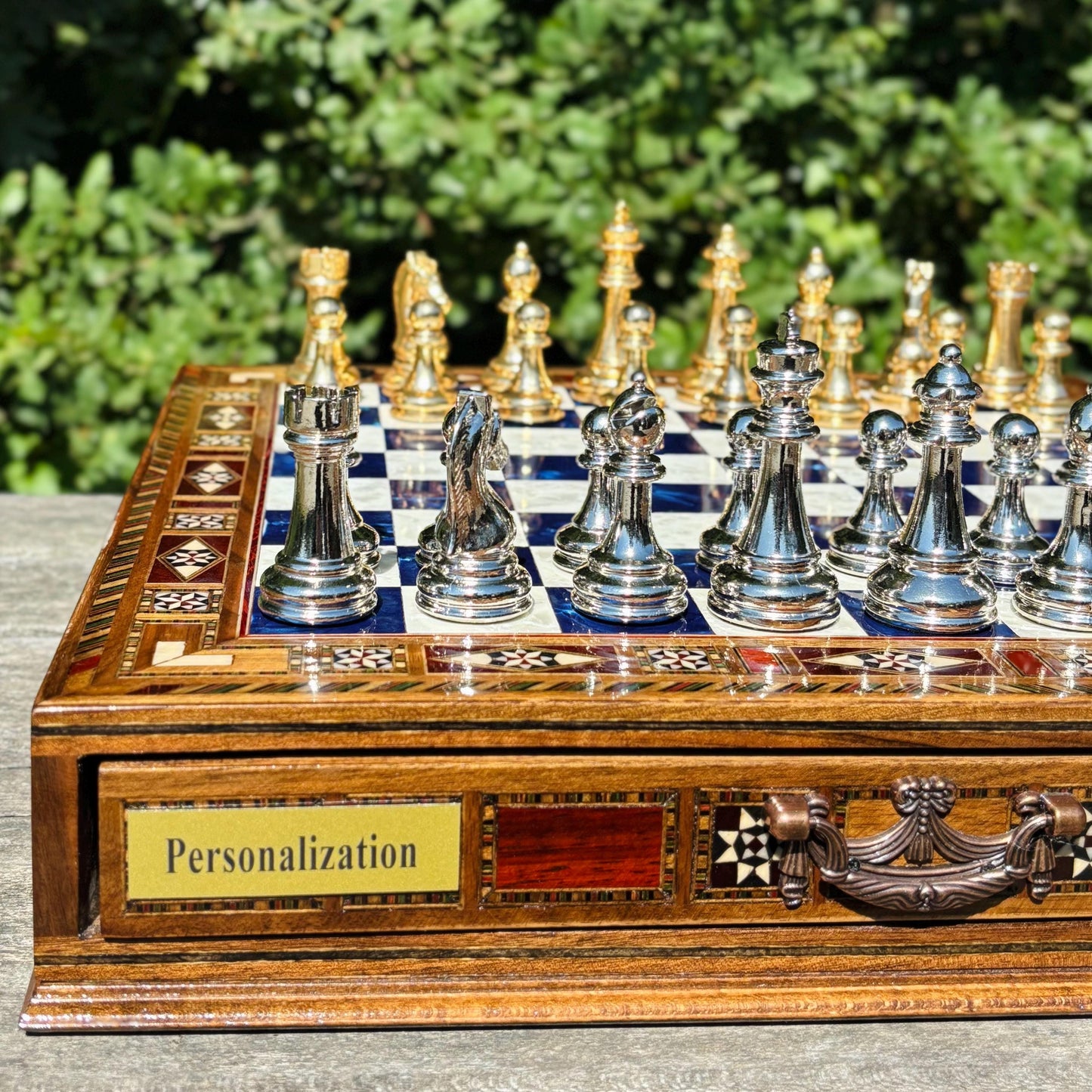 Custom Wooden Chess Set with Metal Pieces – Personalized Handmade Board with Storage – Gift for Him, Dad, Anniversary, Birthday