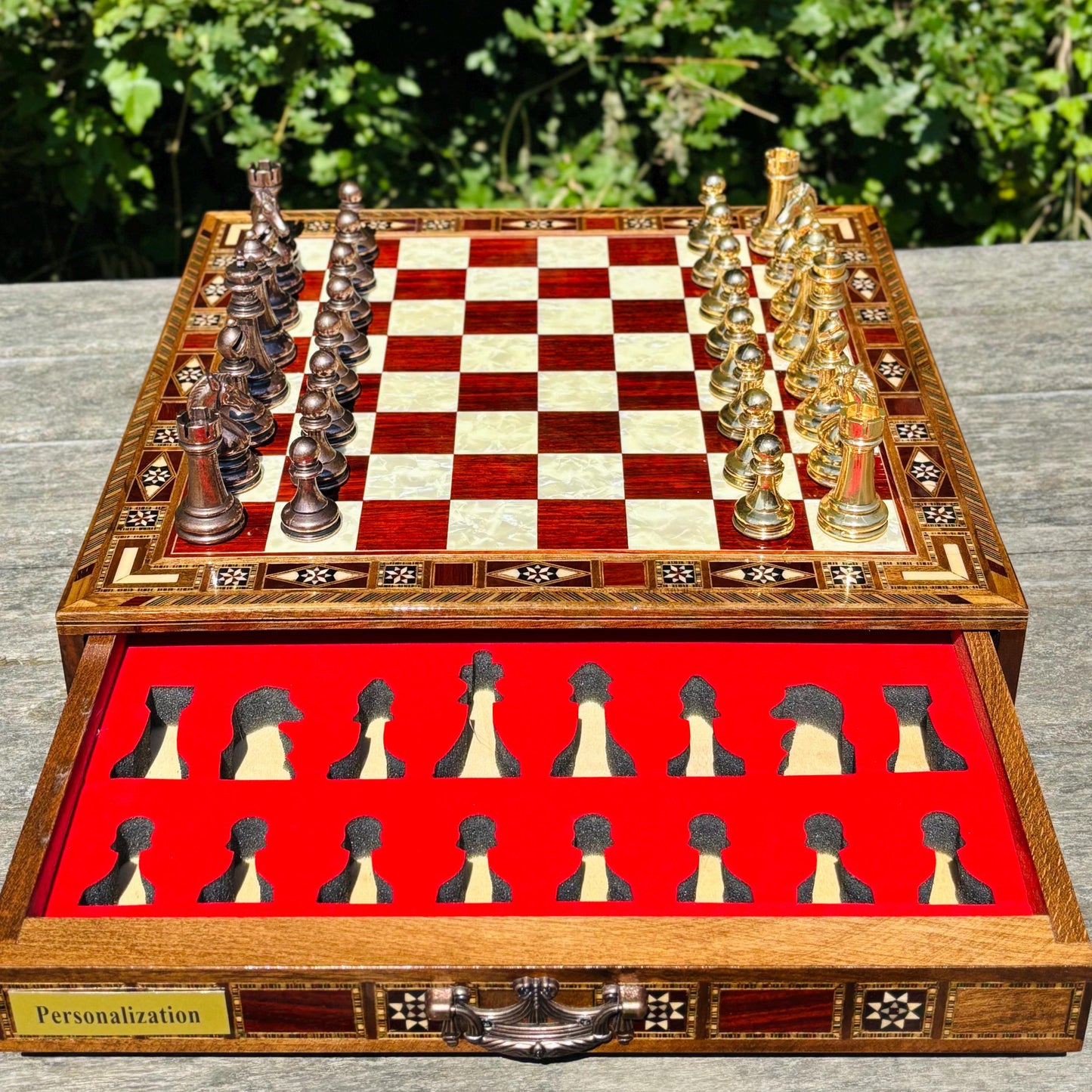 Handmade Luxury Chess Set – Personalized Wooden Board with Storage – Metal Chess Pieces – Unique Gift for Him or Father