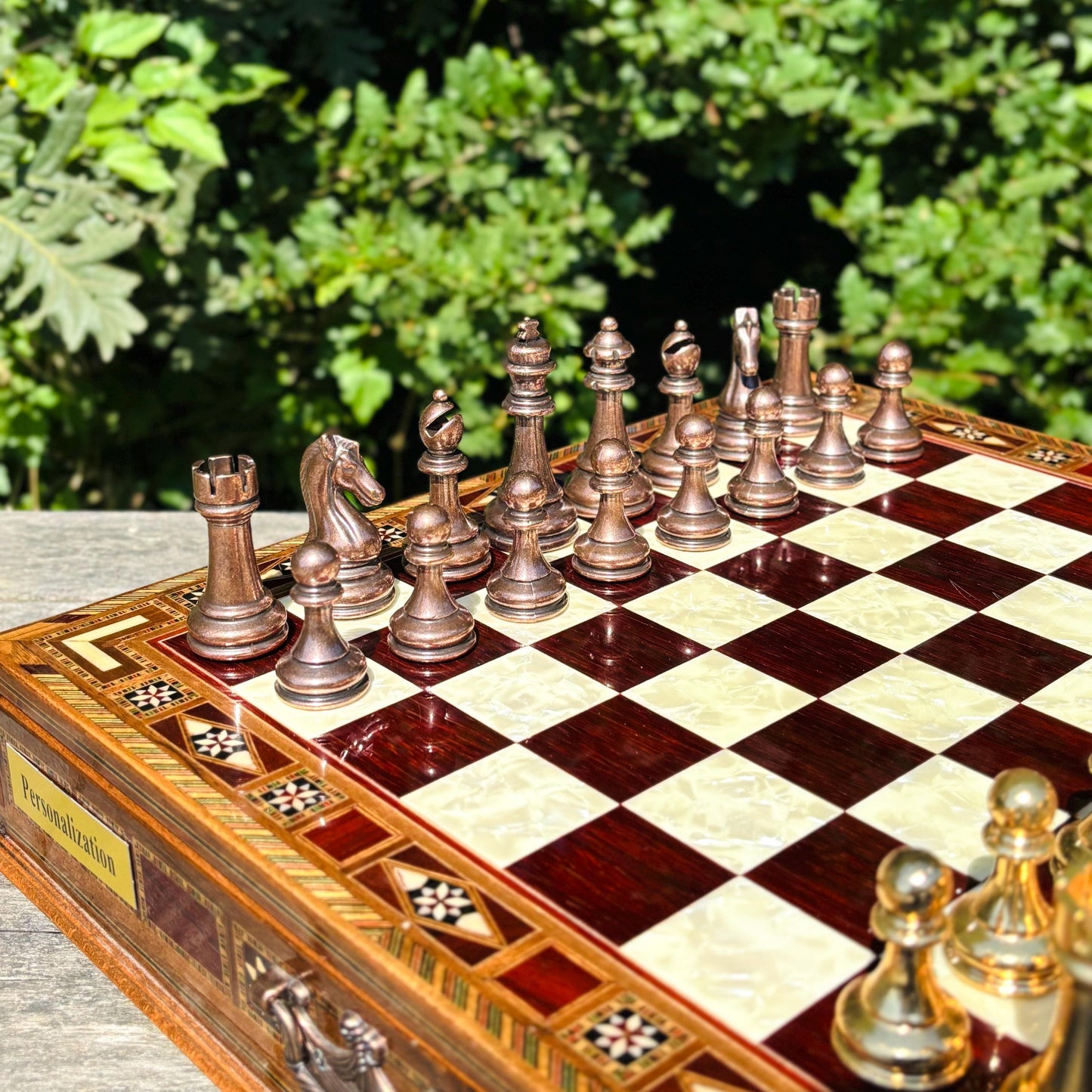 Handmade Luxury Chess Set – Personalized Wooden Board with Storage – Metal Chess Pieces – Unique Gift for Him or Father