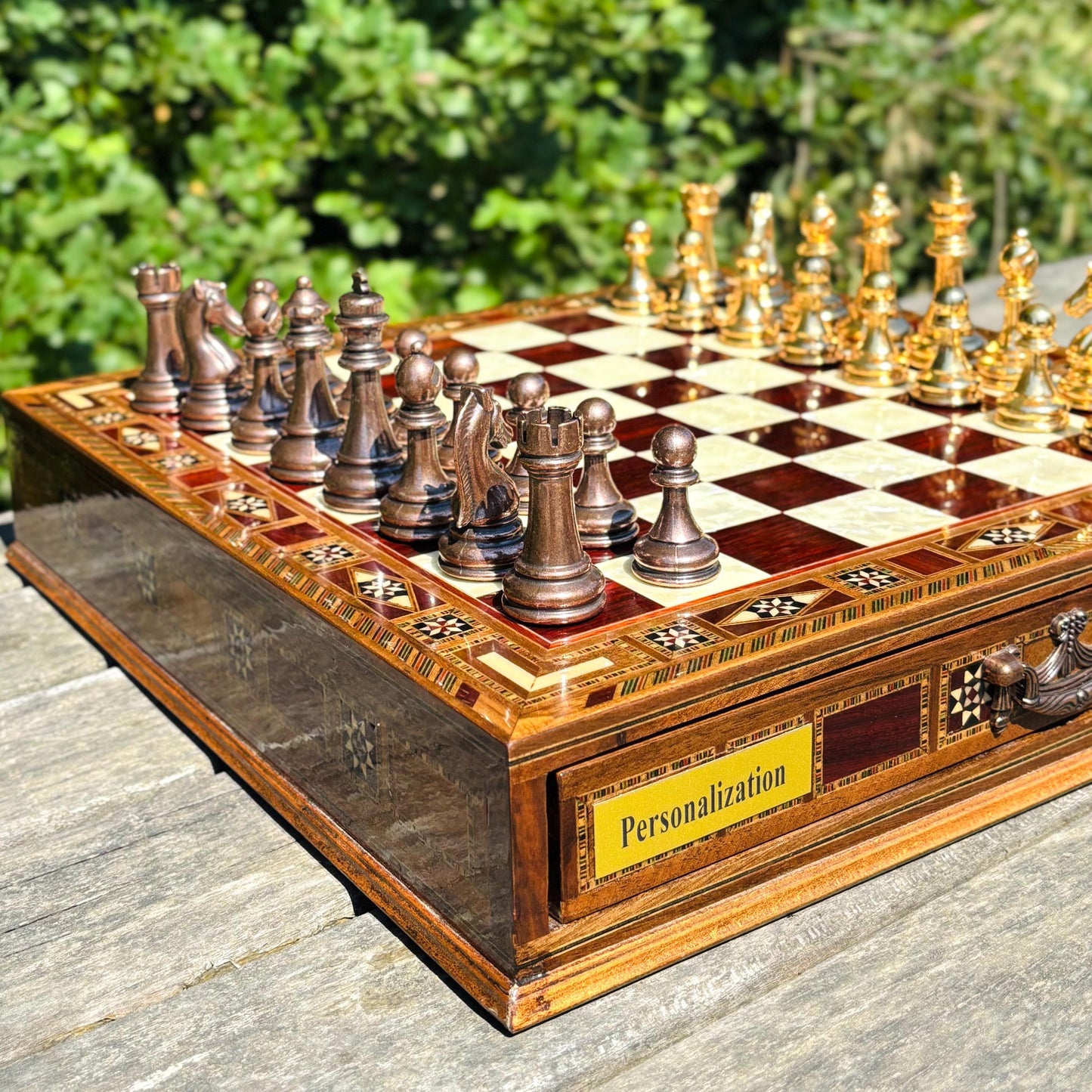 Handmade Luxury Chess Set – Personalized Wooden Board with Storage – Metal Chess Pieces – Unique Gift for Him or Father