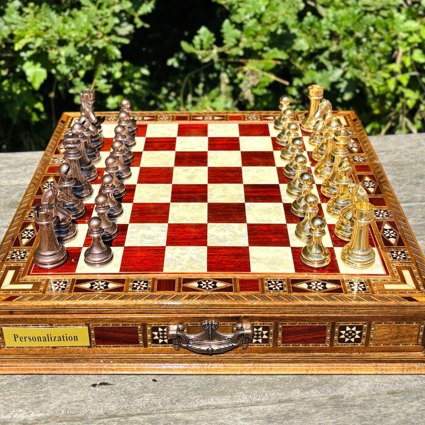 Handmade Luxury Chess Set – Personalized Wooden Board with Storage – Metal Chess Pieces – Unique Gift for Him or Father