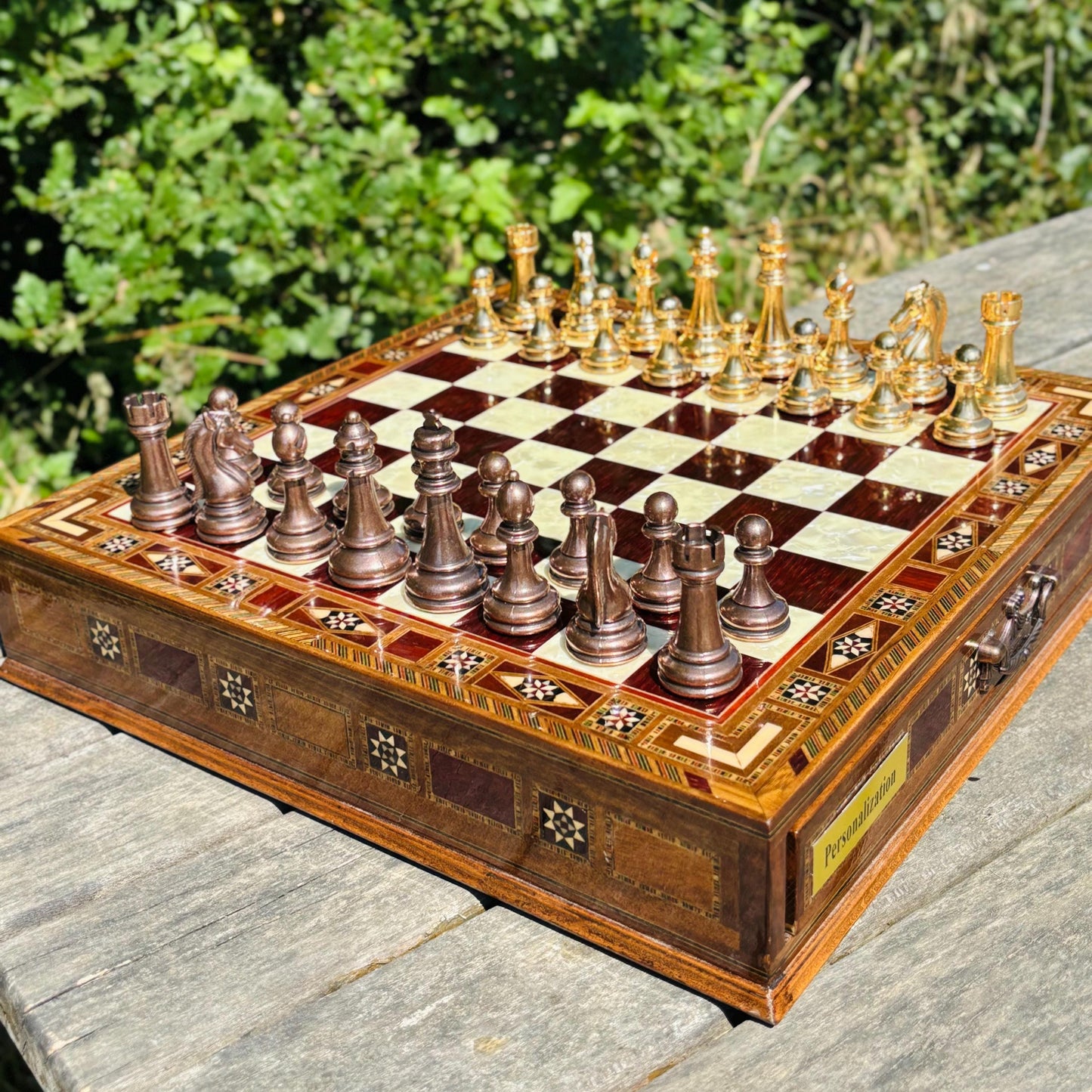 Handmade Luxury Chess Set – Personalized Wooden Board with Storage – Metal Chess Pieces – Unique Gift for Him or Father