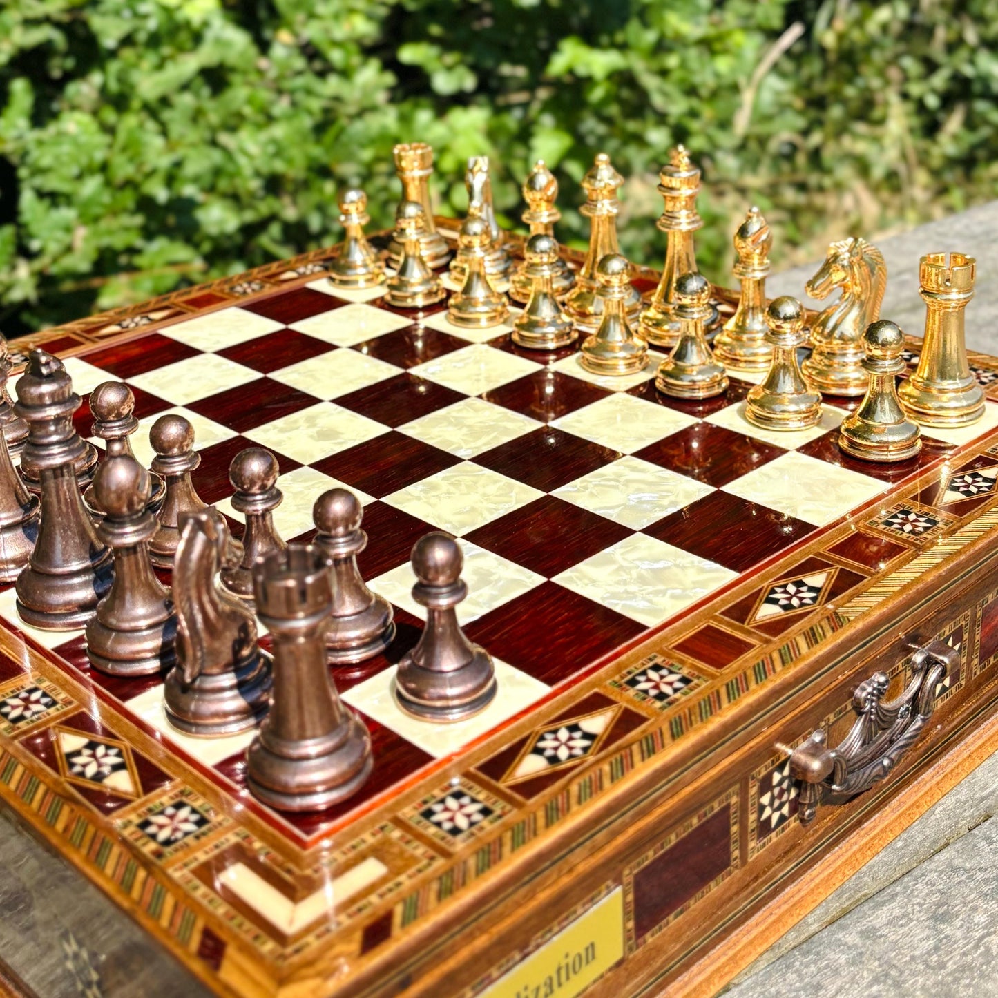 Handmade Luxury Chess Set – Personalized Wooden Board with Storage – Metal Chess Pieces – Unique Gift for Him or Father