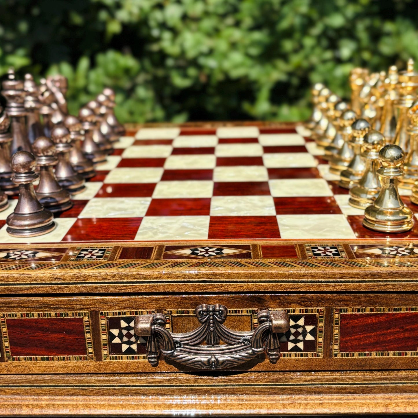 Handmade Luxury Chess Set – Personalized Wooden Board with Storage – Metal Chess Pieces – Unique Gift for Him or Father