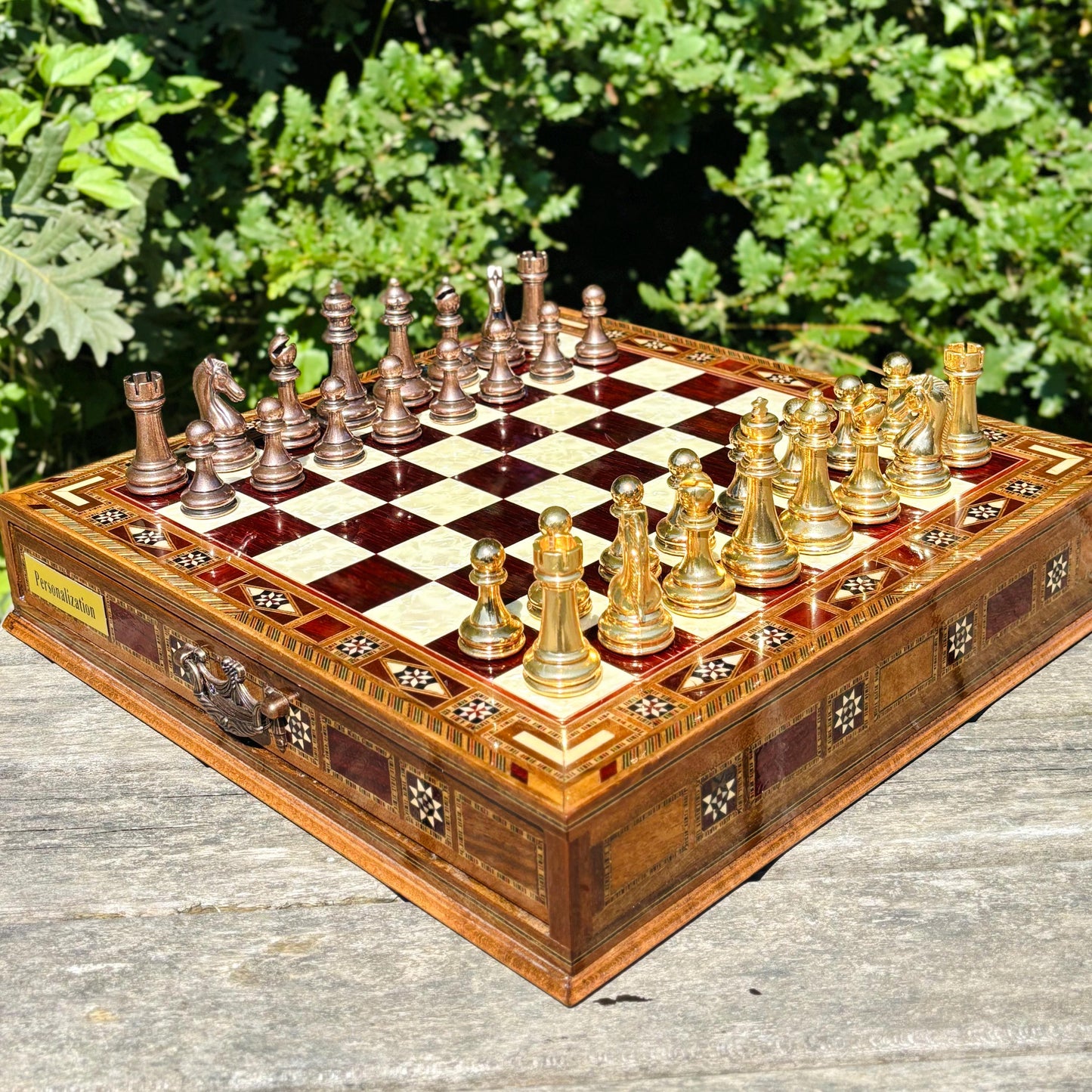 Handmade Luxury Chess Set – Personalized Wooden Board with Storage – Metal Chess Pieces – Unique Gift for Him or Father