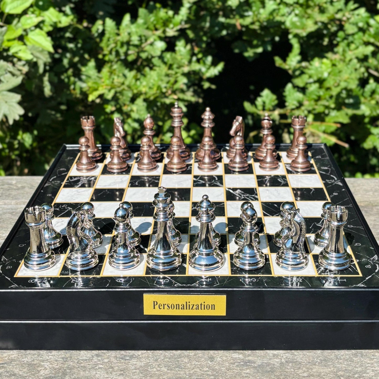 Luxury Wooden Chess Set – Handmade with Metal Pieces & Drawer – Custom Gift for Anniversary, Birthday, Him or Dad
