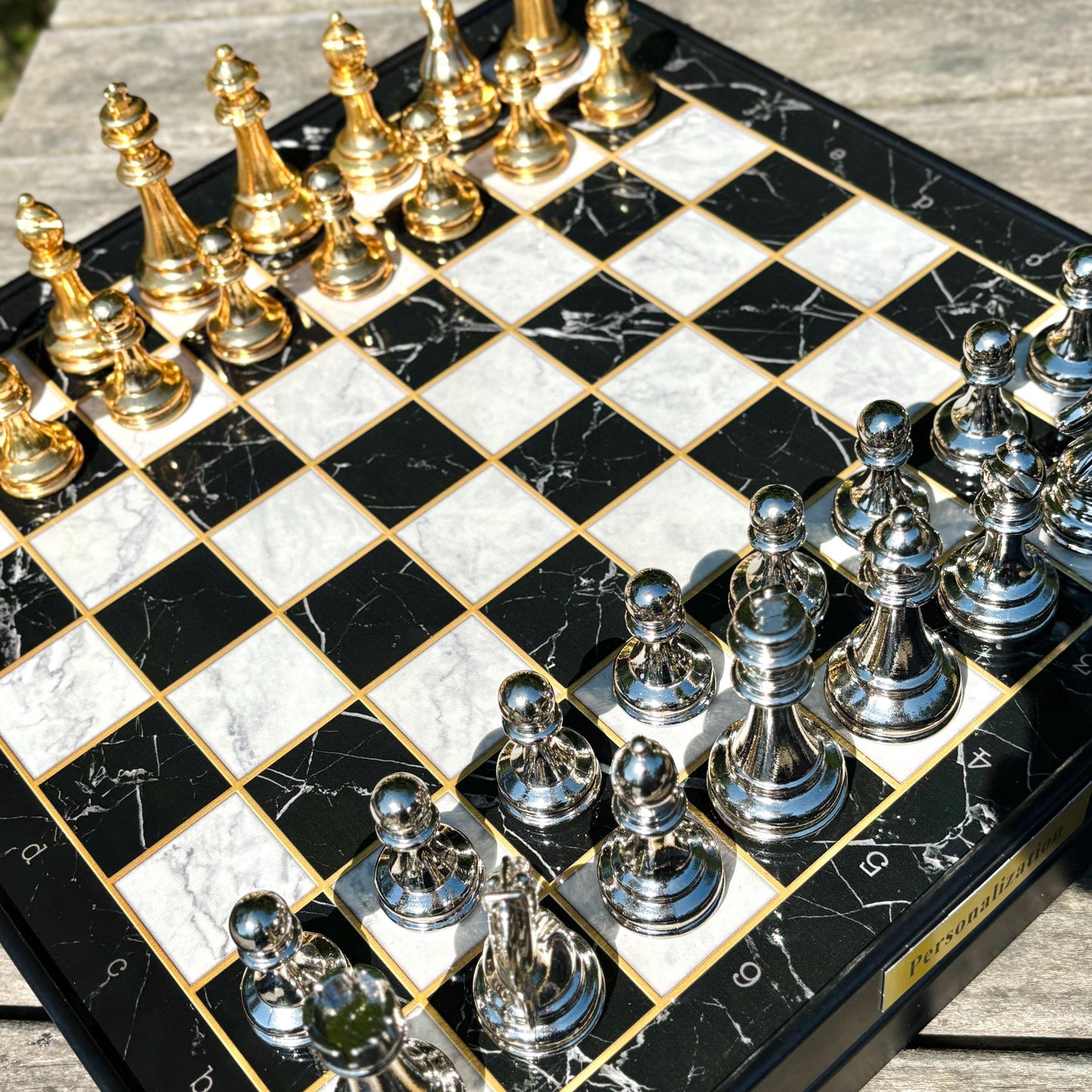 Custom Chess Board Set with Storage – Handmade Wooden Chess Set with Metal Pieces – Unique Gift for Men, Dad, Husband