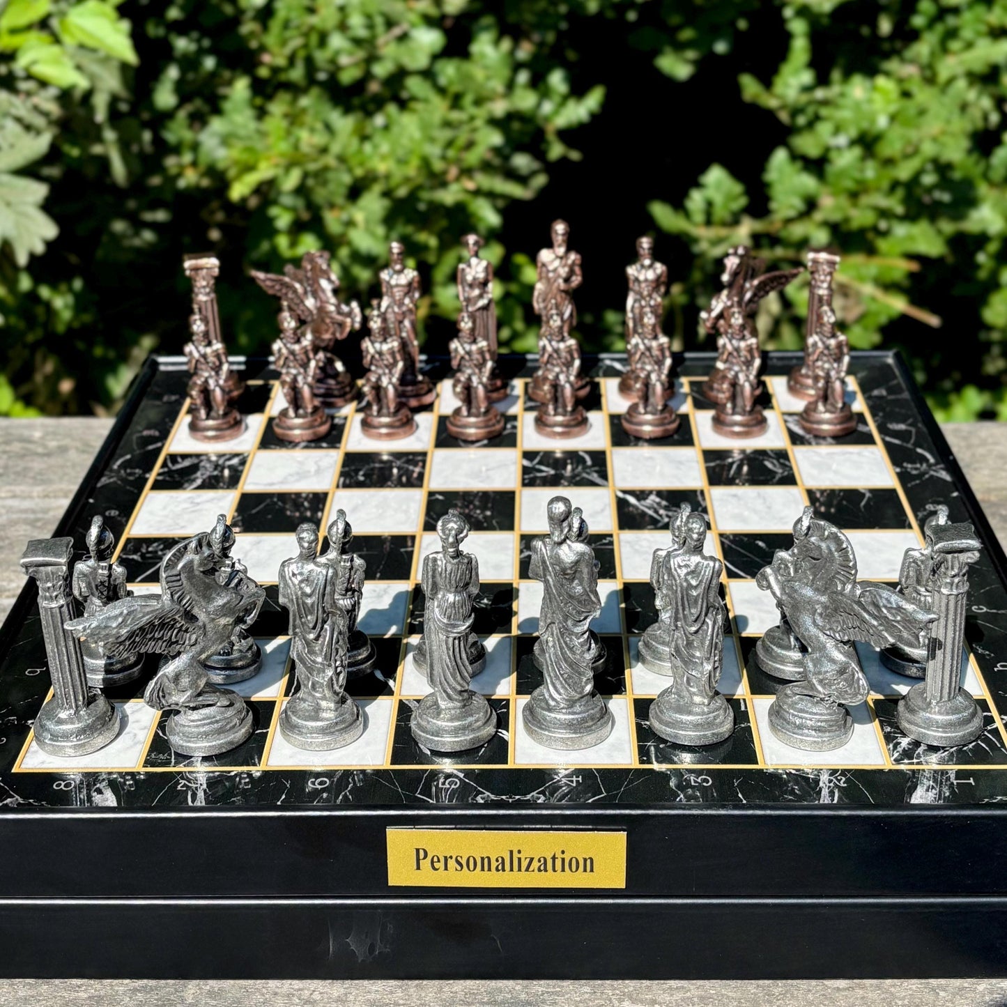 Handmade Wooden Chess Set with Storage – Custom Metal Pieces – Personalized Gift for Husband, Dad, Birthday, or Christmas