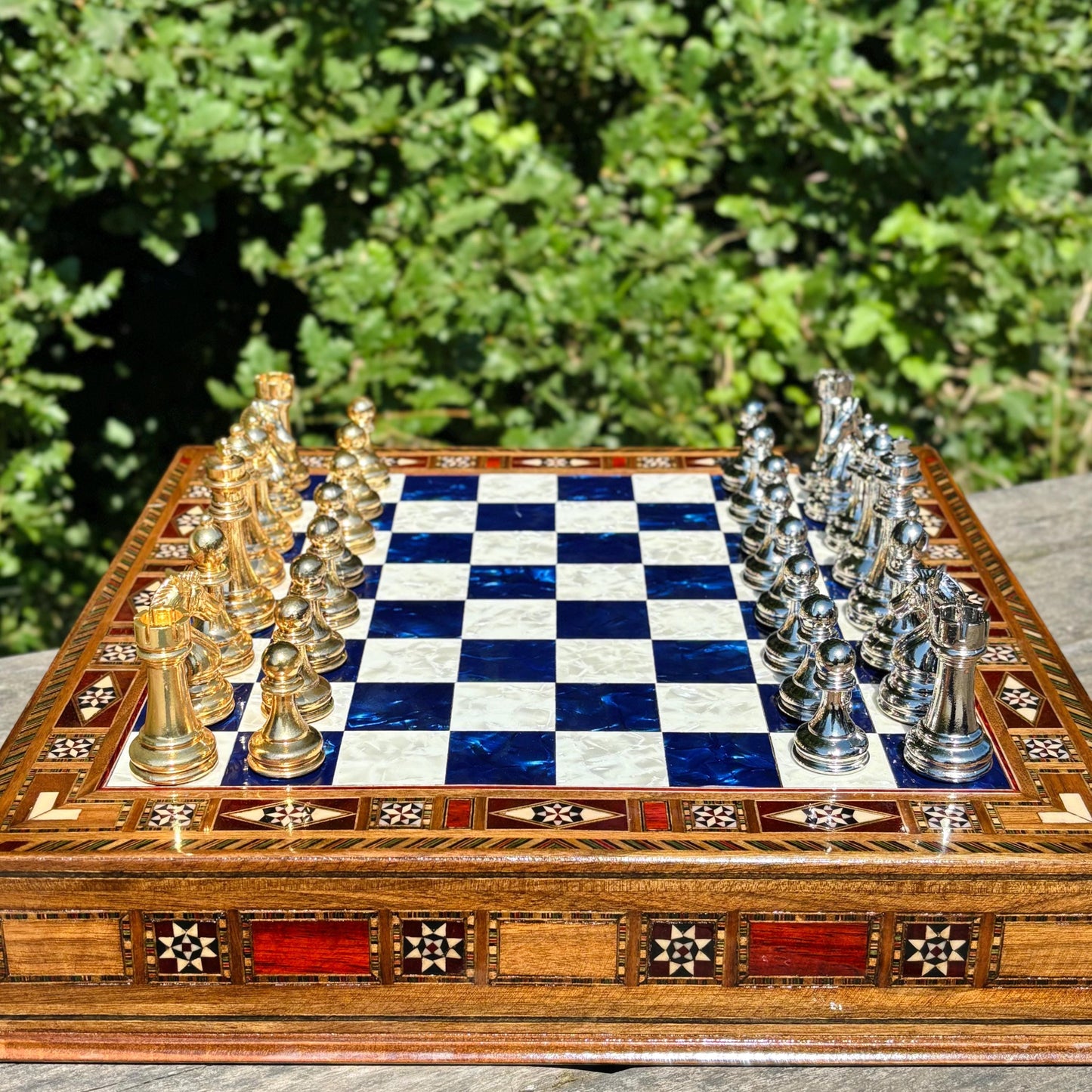Custom Wooden Chess Set with Metal Pieces – Personalized Handmade Board with Storage – Gift for Him, Dad, Anniversary, Birthday