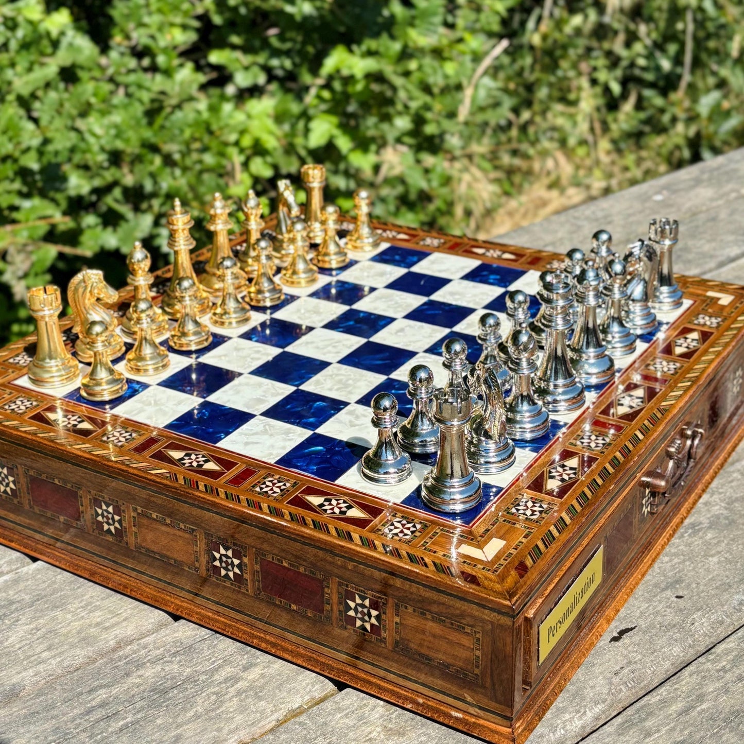 Custom Wooden Chess Set with Metal Pieces – Personalized Handmade Board with Storage – Gift for Him, Dad, Anniversary, Birthday