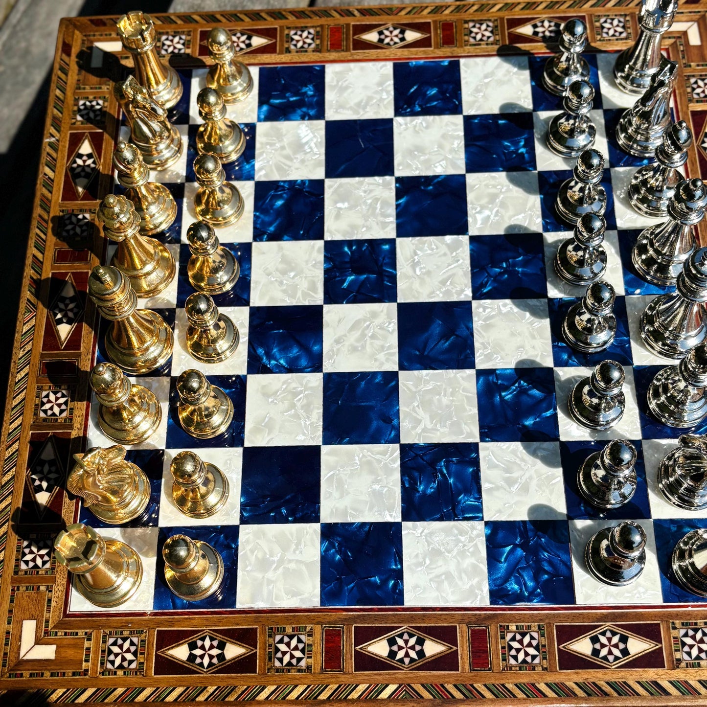 Custom Wooden Chess Set with Metal Pieces – Personalized Handmade Board with Storage – Gift for Him, Dad, Anniversary, Birthday