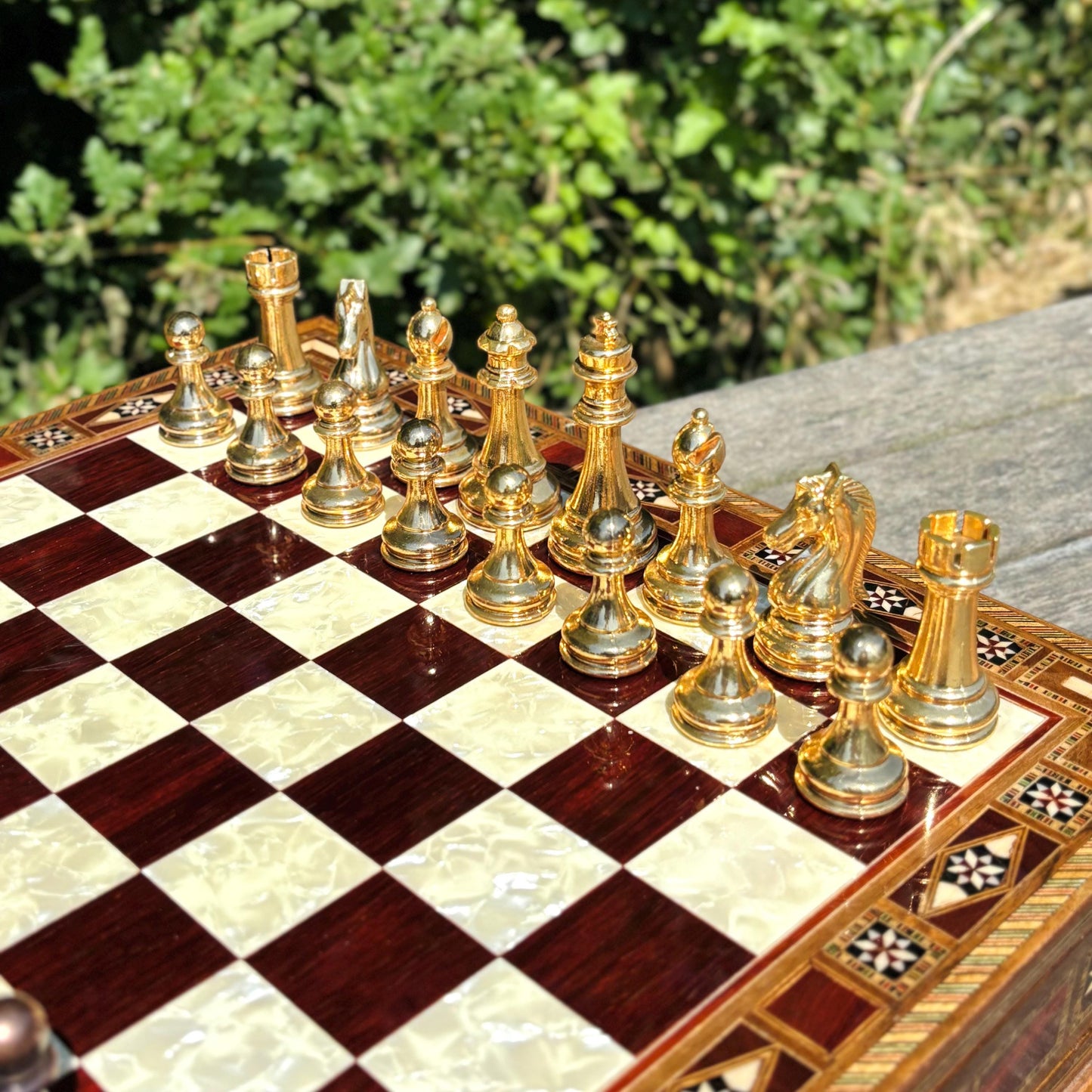 Handmade Luxury Chess Set – Personalized Wooden Board with Storage – Metal Chess Pieces – Unique Gift for Him or Father
