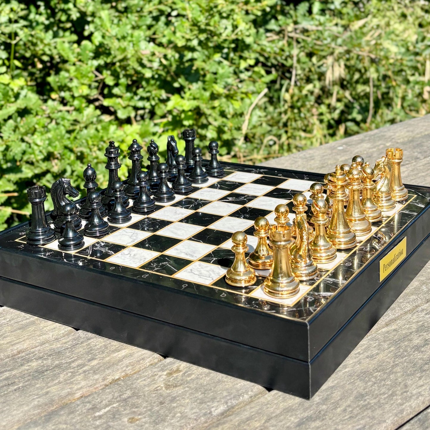 Personalized Chess Set – Handmade Wooden Chess Board with Storage & Metal Pieces – Gift for Dad, Husband, Son, or Him