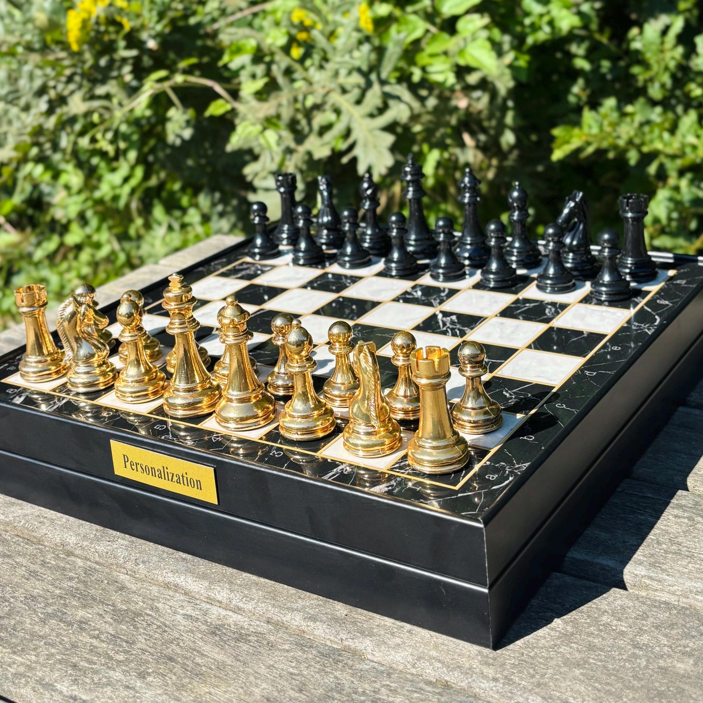 Personalized Chess Set – Handmade Wooden Chess Board with Storage & Metal Pieces – Gift for Dad, Husband, Son, or Him