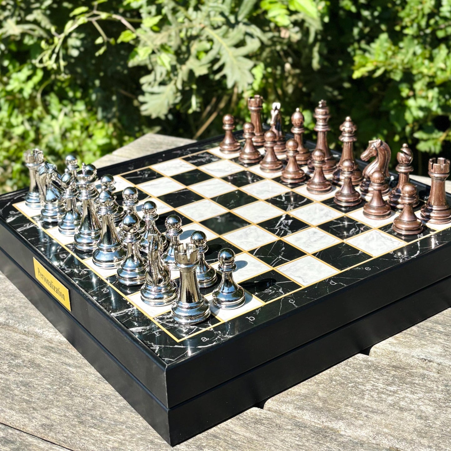 Luxury Wooden Chess Set – Handmade with Metal Pieces & Drawer – Custom Gift for Anniversary, Birthday, Him or Dad