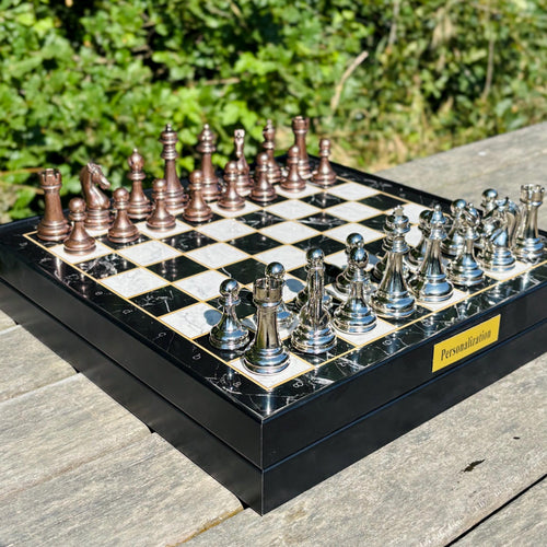Luxury Wooden Chess Set – Handmade with Metal Pieces & Drawer – Custom Gift for Anniversary, Birthday, Him or Dad