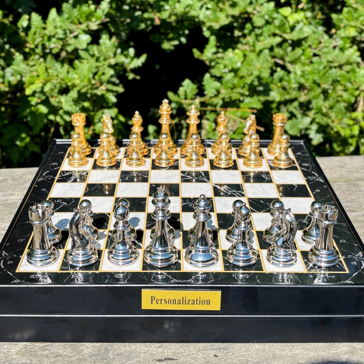 Custom Chess Board Set with Storage – Handmade Wooden Chess Set with Metal Pieces – Unique Gift for Men, Dad, Husband