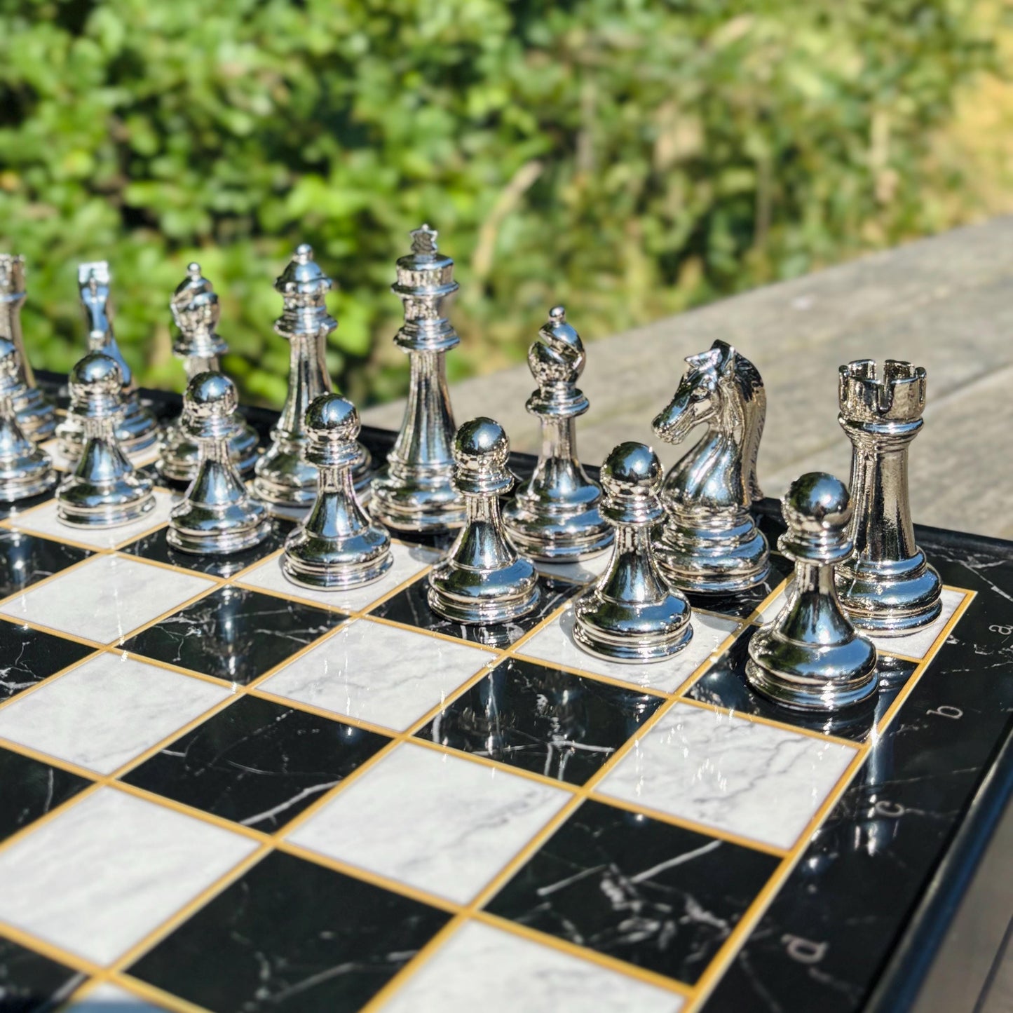 Custom Wooden Chess Set – Personalized Chess Board with Metal Pieces & Storage – Handmade Gift for Him, Dad, or Anniversary