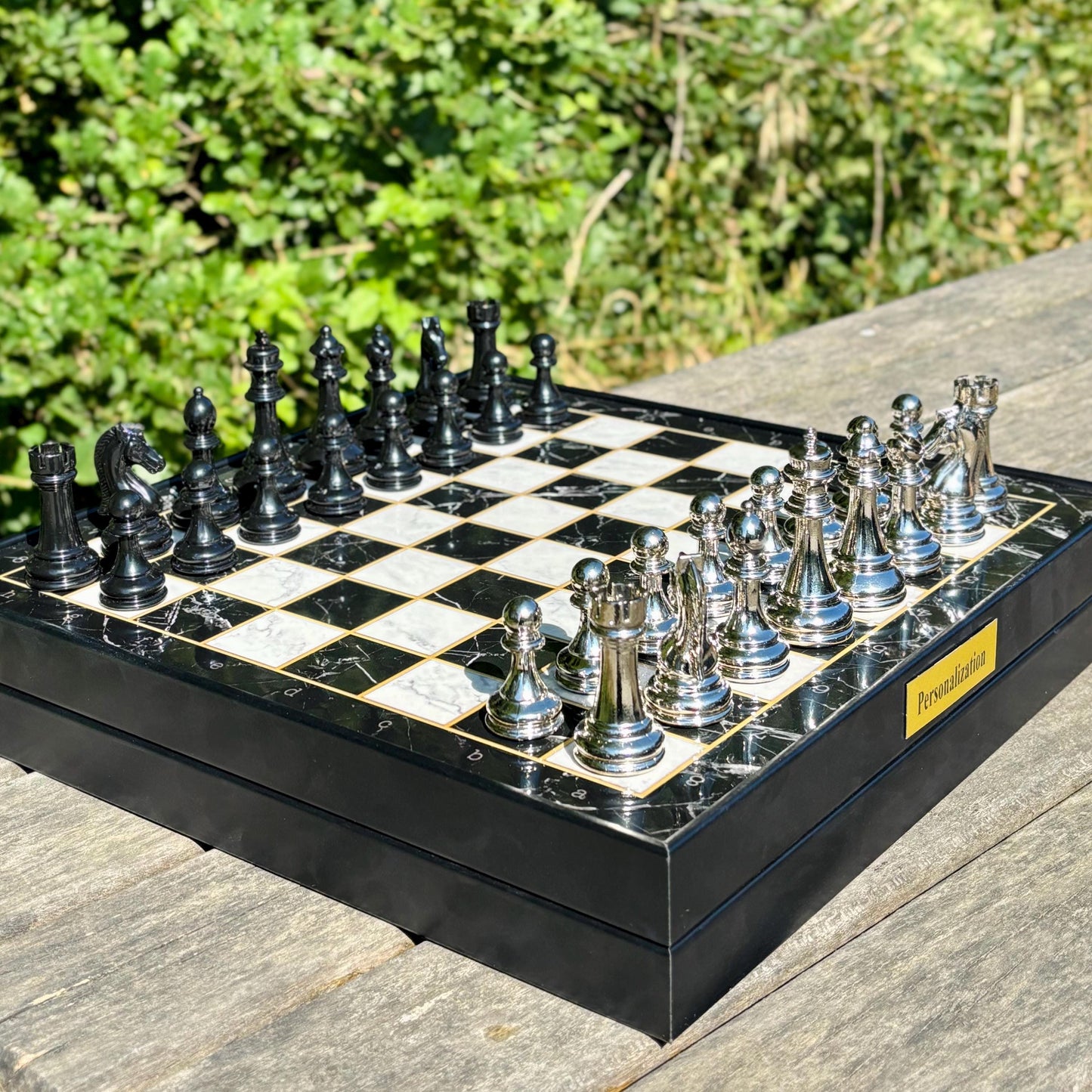Custom Wooden Chess Set – Personalized Chess Board with Metal Pieces & Storage – Handmade Gift for Him, Dad, or Anniversary