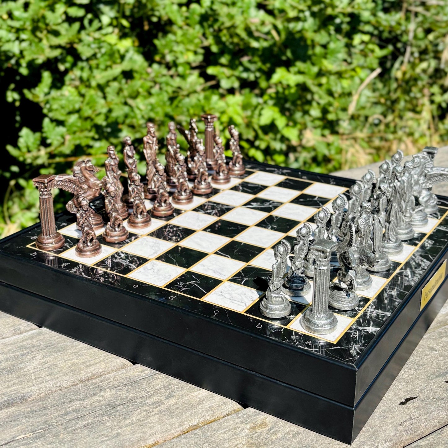 Handmade Wooden Chess Set with Storage – Custom Metal Pieces – Personalized Gift for Husband, Dad, Birthday, or Christmas