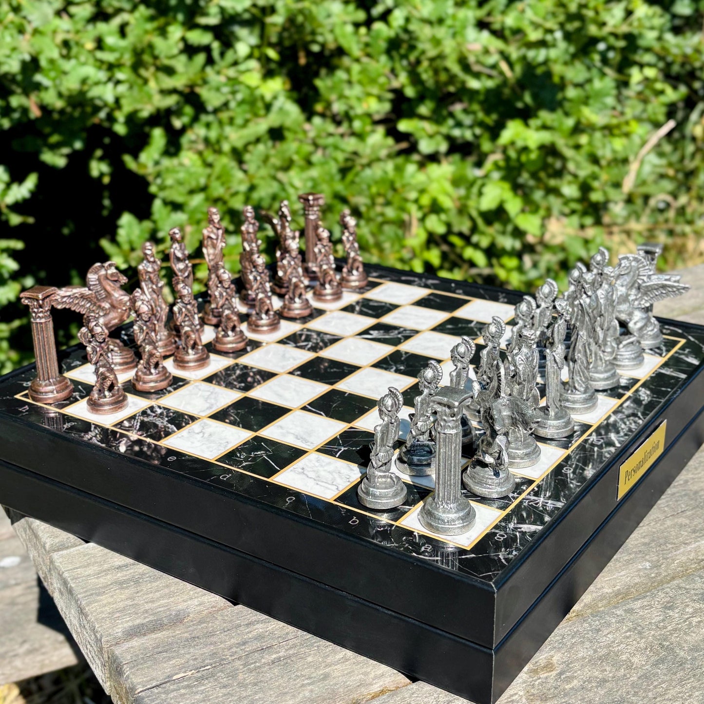 Handmade Wooden Chess Set with Storage – Custom Metal Pieces – Personalized Gift for Husband, Dad, Birthday, or Christmas