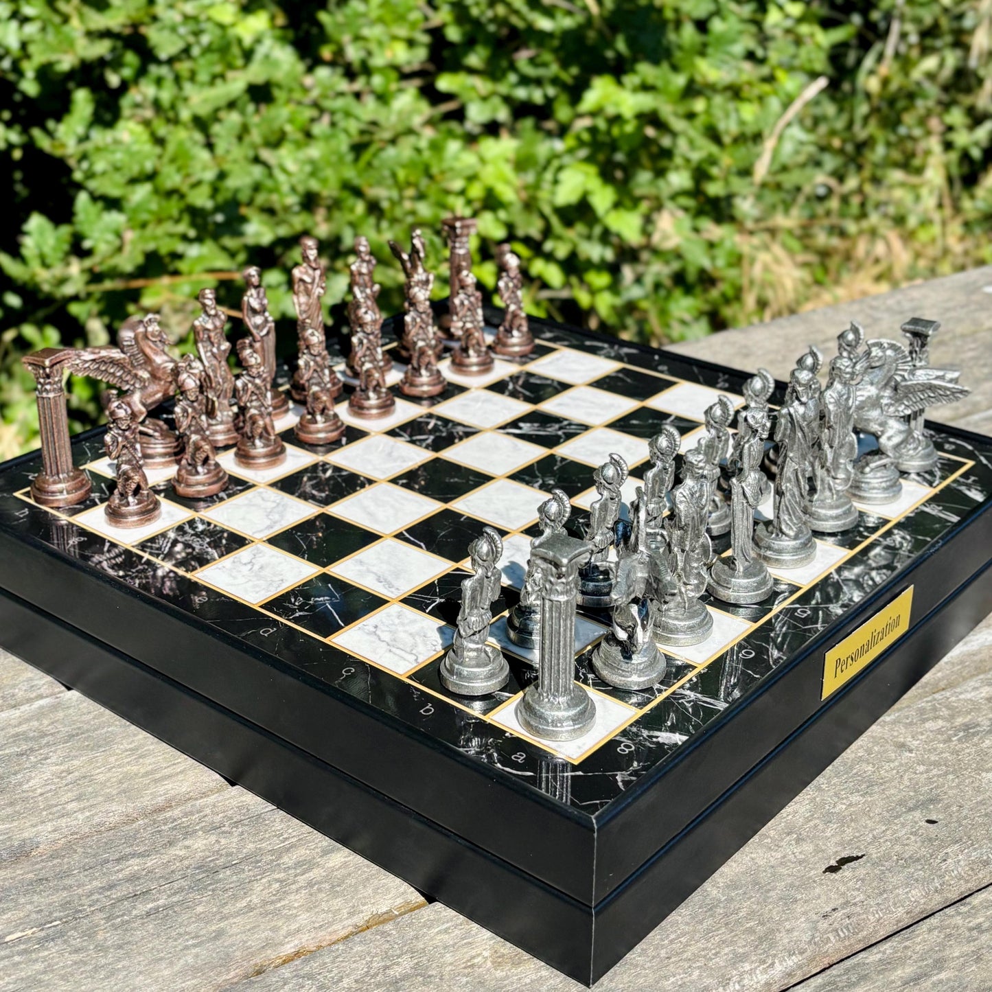 Handmade Wooden Chess Set with Storage – Custom Metal Pieces – Personalized Gift for Husband, Dad, Birthday, or Christmas