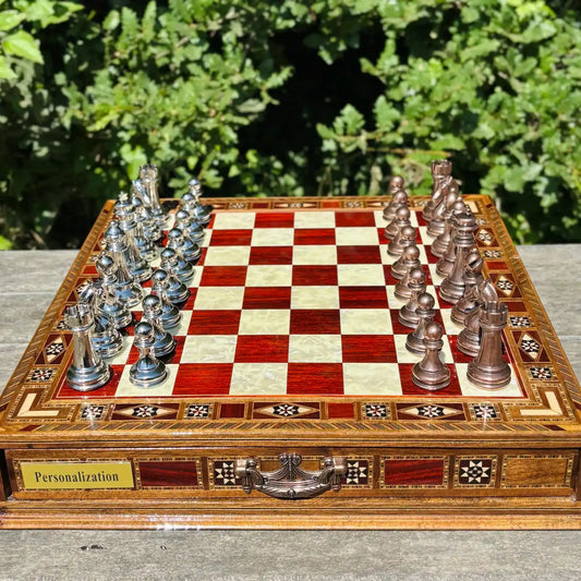 Handmade Luxury Chess Set – Personalized Wooden Board with Storage – Metal Chess Pieces – Unique Gift for Him