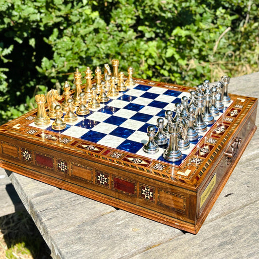 Custom Wooden Chess Set with Metal Pieces – Personalized Handmade Board with Storage – Gift for Him, Dad, Anniversary, Birthday