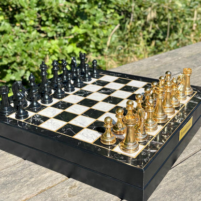 Personalized Chess Set – Handmade Wooden Chess Board with Storage & Metal Pieces – Gift for Dad, Husband, Son, or Him