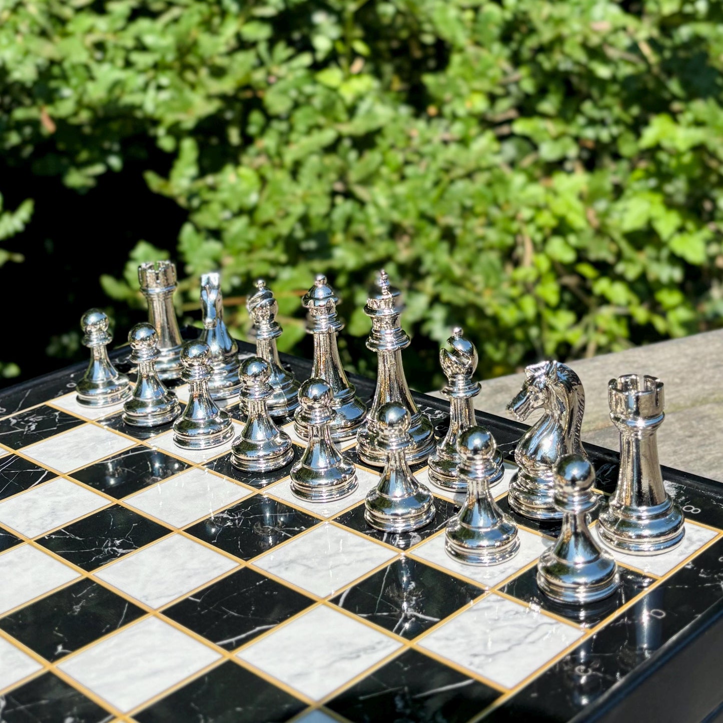 Custom Chess Board Set with Storage – Handmade Wooden Chess Set with Metal Pieces – Unique Gift for Men, Dad, Husband