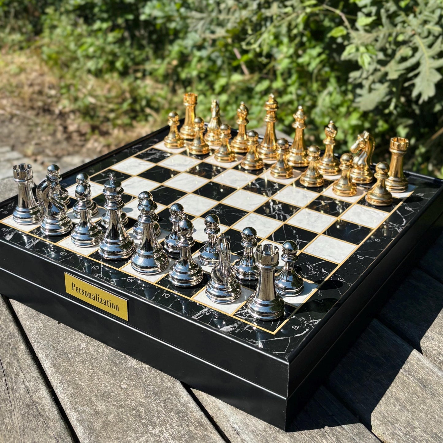 Custom Chess Board Set with Storage – Handmade Wooden Chess Set with Metal Pieces – Unique Gift for Men, Dad, Husband