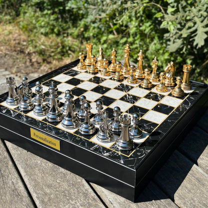 Custom Chess Board Set with Storage – Handmade Wooden Chess Set with Metal Pieces – Unique Gift for Men, Dad, Husband