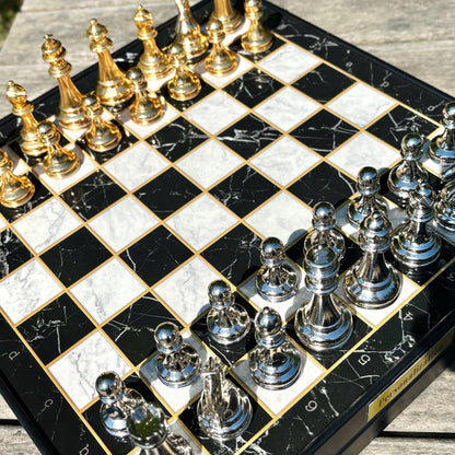 Custom Chess Board Set with Storage – Handmade Wooden Chess Set with Metal Pieces – Unique Gift for Men, Dad, Husband