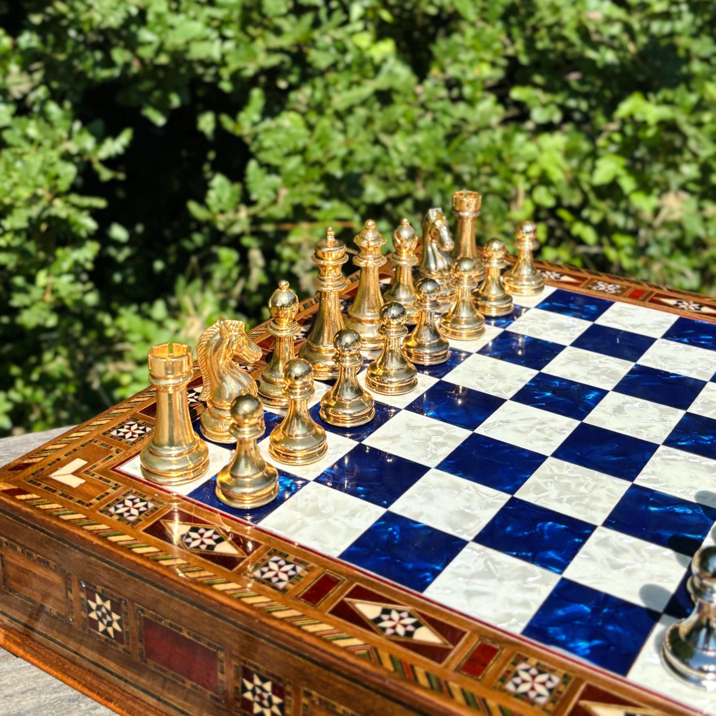Custom Wooden Chess Set with Metal Pieces – Personalized Handmade Board with Storage – Gift for Him, Dad, Anniversary, Birthday