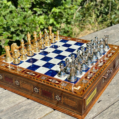 Custom Wooden Chess Set with Metal Pieces – Personalized Handmade Board with Storage – Gift for Him, Dad, Anniversary, Birthday