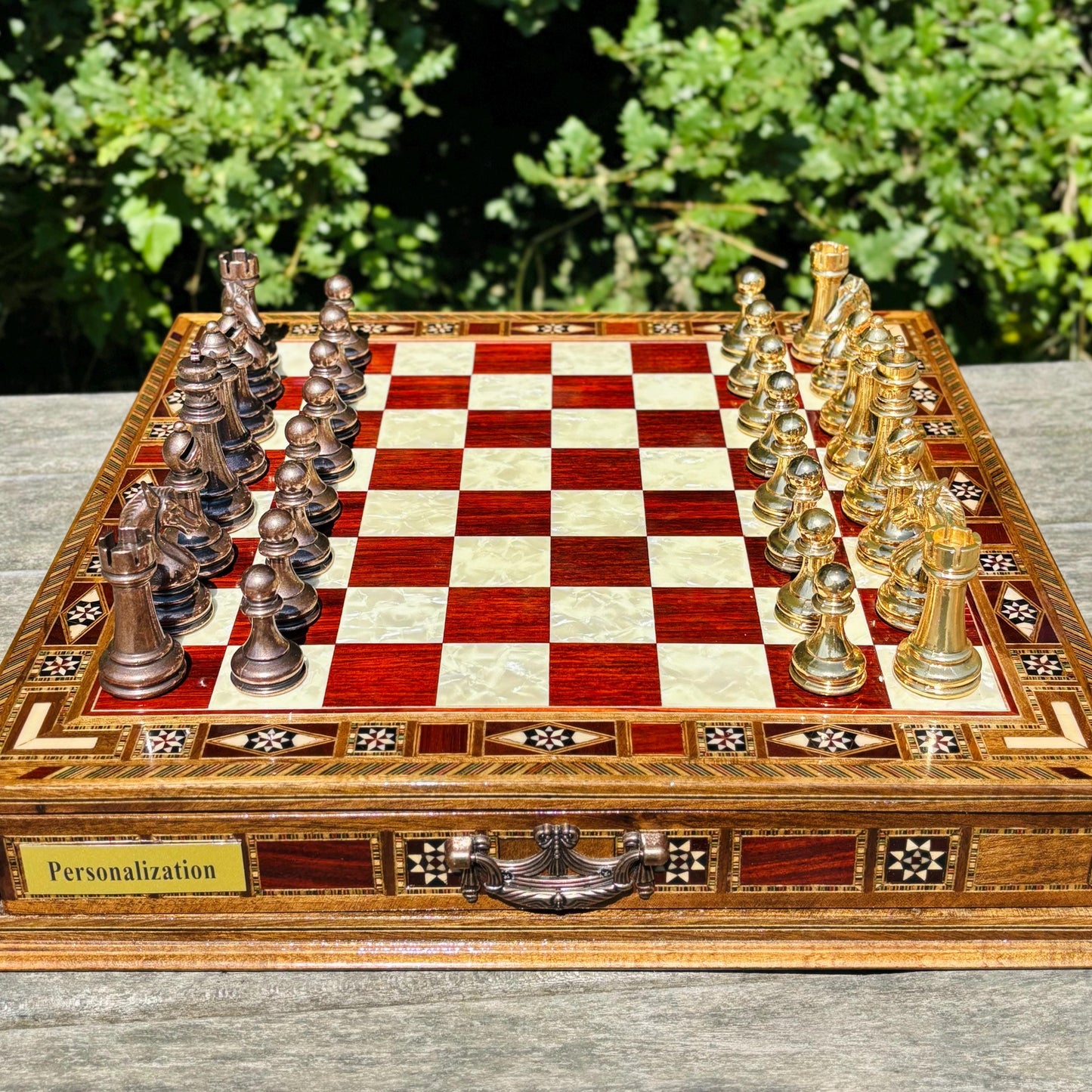 Handmade Luxury Chess Set – Personalized Wooden Board with Storage – Metal Chess Pieces – Unique Gift for Him or Father