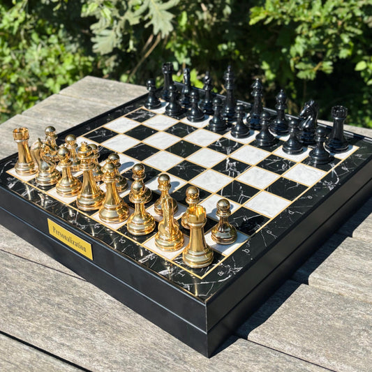 Personalized Chess Set – Handmade Wooden Chess Board with Storage & Metal Pieces – Gift for Dad, Husband, Son, or Him