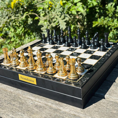 Personalized Chess Set – Handmade Wooden Chess Board with Storage & Metal Pieces – Gift for Dad, Husband, Son, or Him