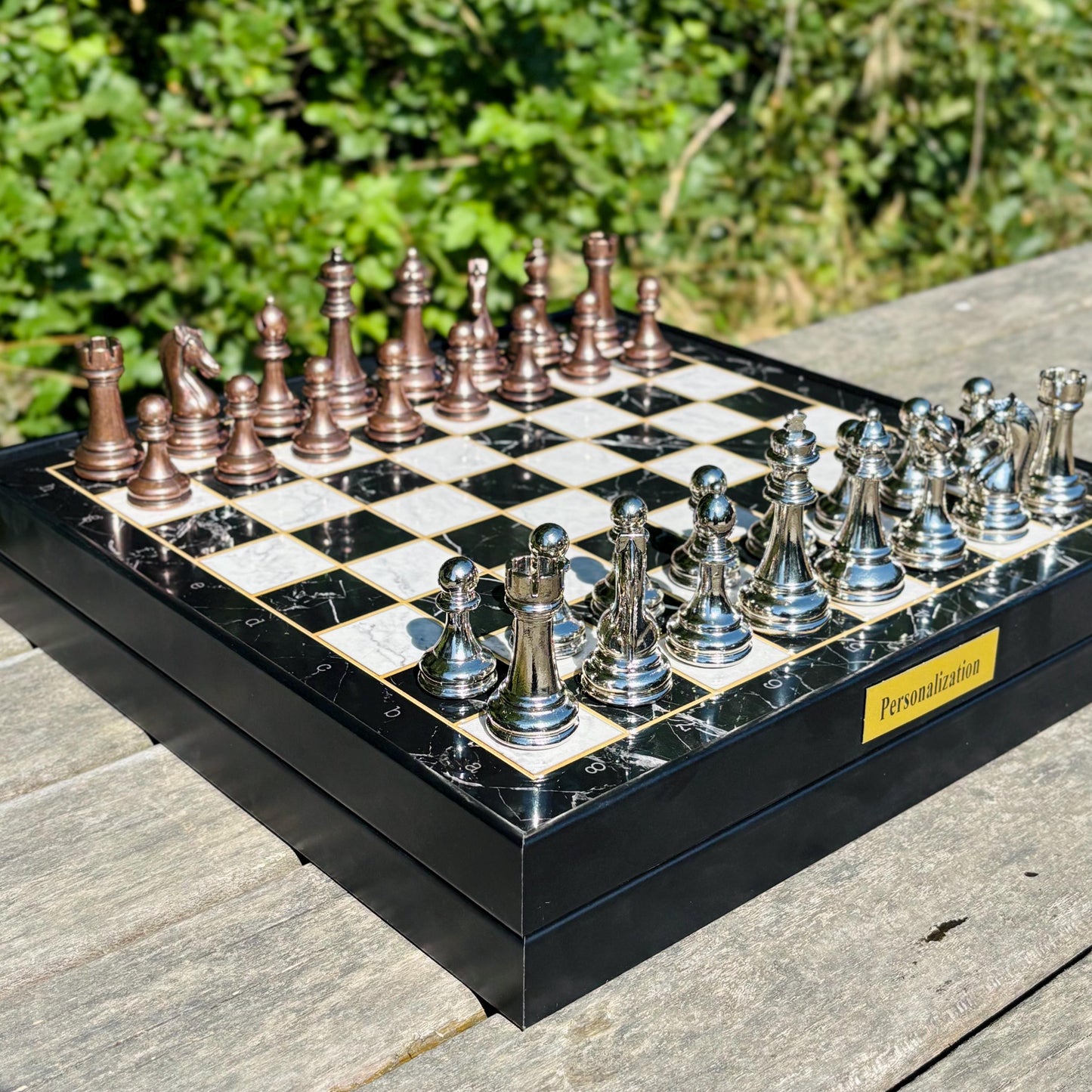 Luxury Wooden Chess Set – Handmade with Metal Pieces & Drawer – Custom Gift for Anniversary, Birthday, Him or Dad