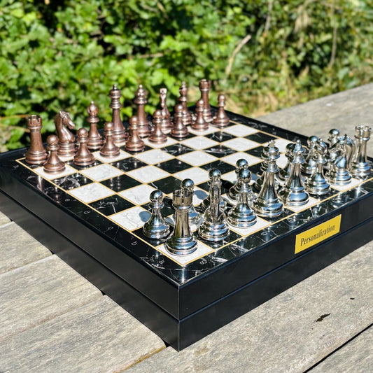 Luxury Wooden Chess Set – Handmade with Metal Pieces & Drawer – Custom Gift for Anniversary, Birthday, Him or Dad